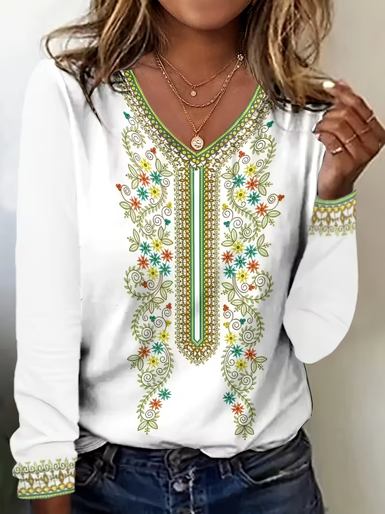 Women Floral Long Sleeve Tee T-shirt V Neck Printing Casual Spring/Fall Graphic Tee Top