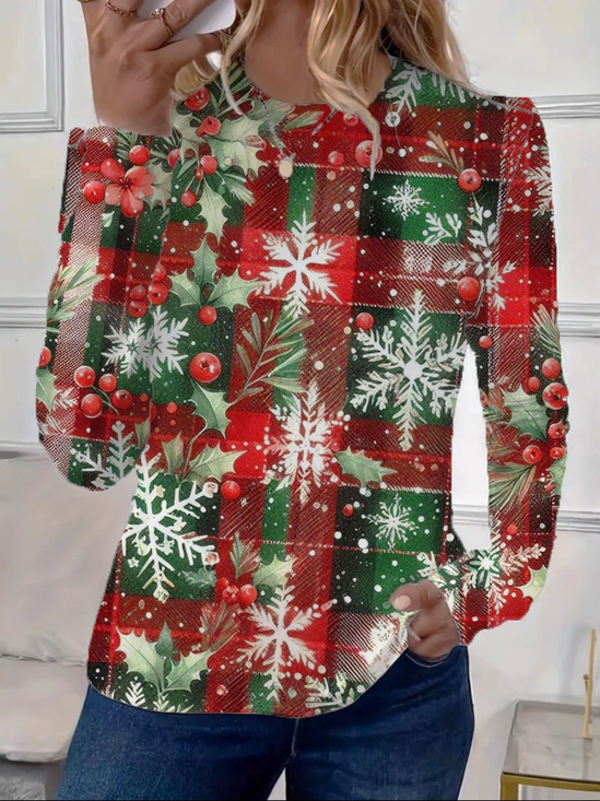 Women Christmas Long Sleeve Tee T-shirt Crew Neck Printing Casual Spring/Fall Graphic Tee Top