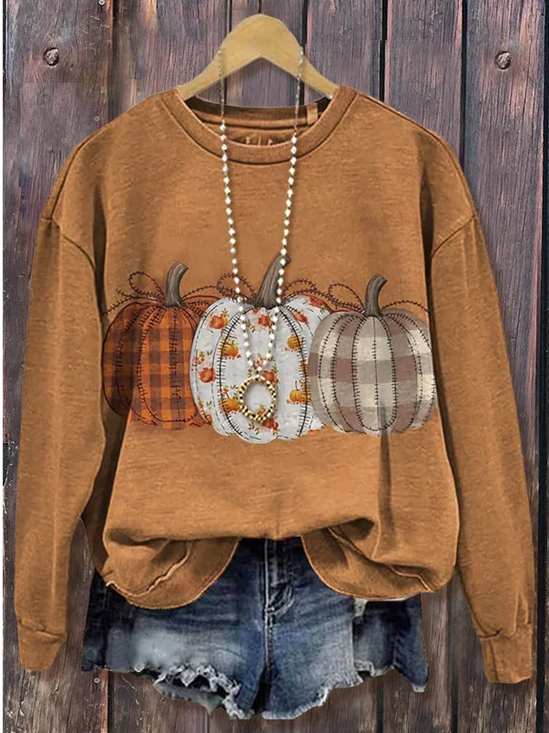 Women Halloween (pumpkin) Crew Neck Printing Casual Spring/Fall Long Sleeve Sweatshirt
