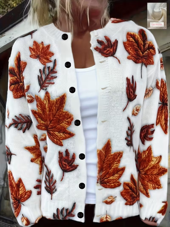 Women Maple Leaf Printing Long Sleeve Crew Neck Vintage Spring/Fall Cardigan Outerwear
