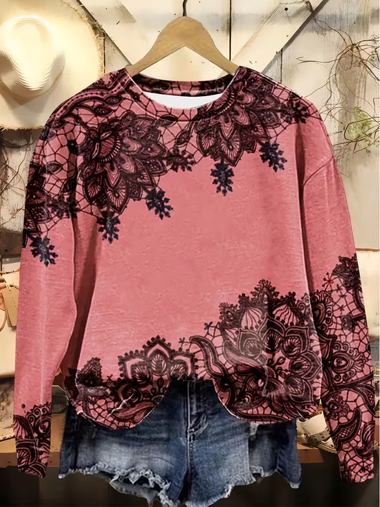 Women Floral Crew Neck Printing Casual Spring/Fall Long Sleeve Sweatshirt