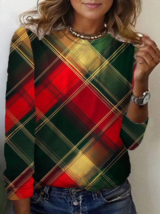 Women Plaid Long Sleeve Tee T-shirt Crew Neck Printing Casual Spring/Fall Graphic Tee Top