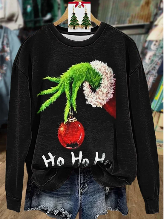 Women Christmas Crew Neck Printing Casual Spring/Fall Long Sleeve Sweatshirt