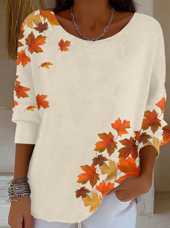 Women Maple Leaf Printing Spring/Fall Casual Long Sleeve Crew Neck Sweater