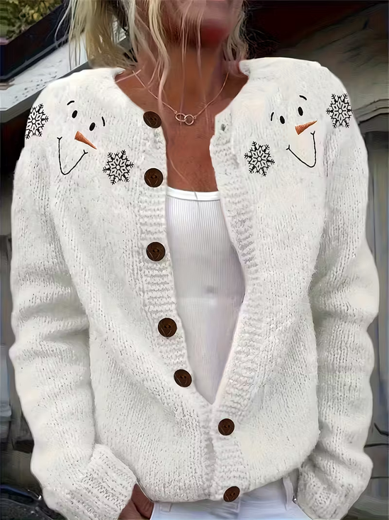 Women Christmas Snowman Printing Long Sleeve Crew Neck Vintage Spring/Fall Cardigan Outerwear