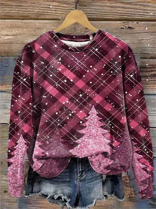 Women Plaid Crew Neck Printing Casual Spring/Fall Long Sleeve Sweatshirt