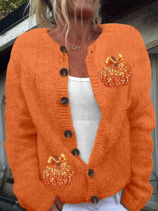 Women Halloween (pumpkin) Printing Long Sleeve Crew Neck Vintage Spring/Fall Cardigan Outerwear