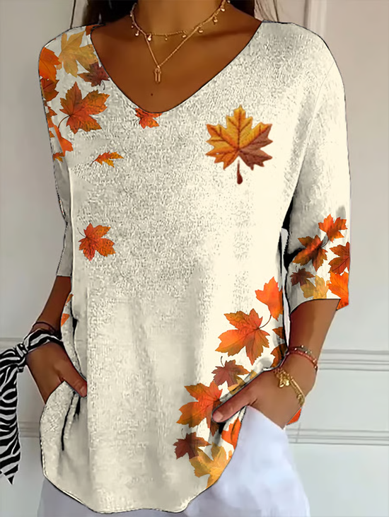 Women Maple Leaf Three Quarter Sleeve Tee T-shirt V Neck Printing Casual Spring/Fall Graphic Tee Top