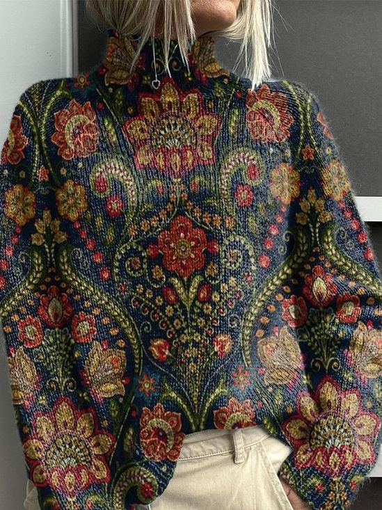 Women Floral Printing Spring/Fall Vintage Long Sleeve Turtleneck Sweater