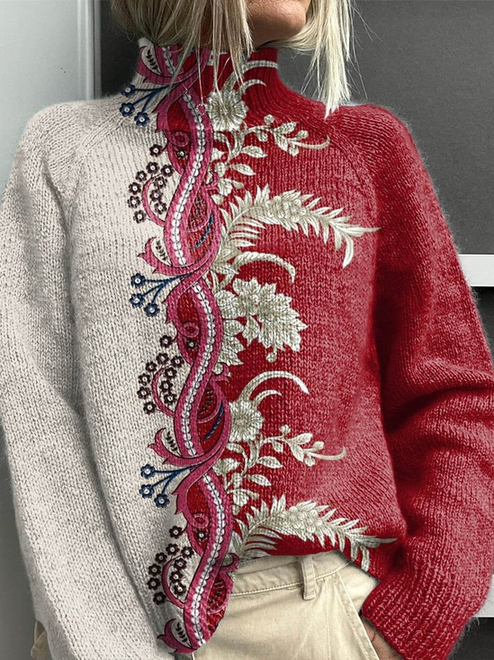 Women Floral Printing Spring/Fall Vintage Long Sleeve Turtleneck Sweater