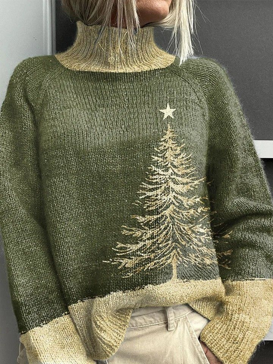 Women Christmas Printing Spring/Fall Vintage Long Sleeve Turtleneck Sweater