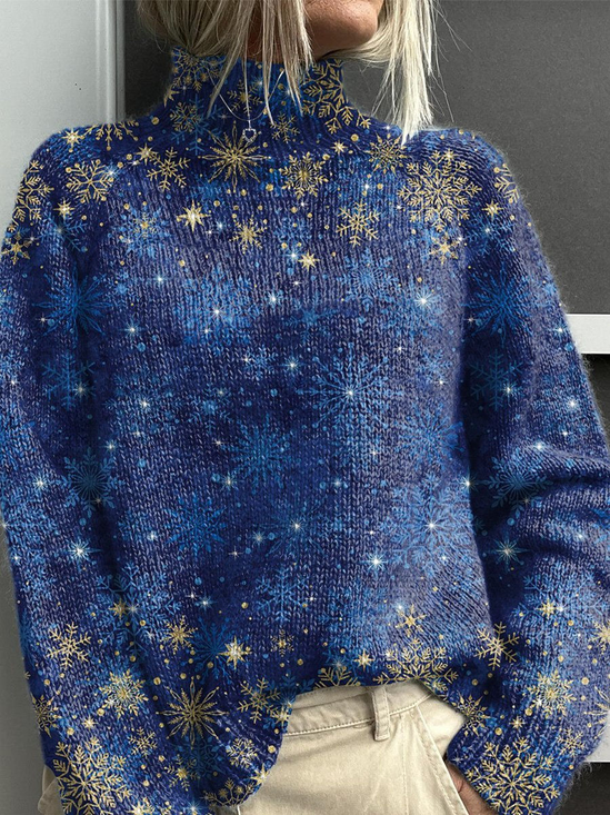 Women Christmas Printing Spring/Fall Vintage Long Sleeve Turtleneck Sweater