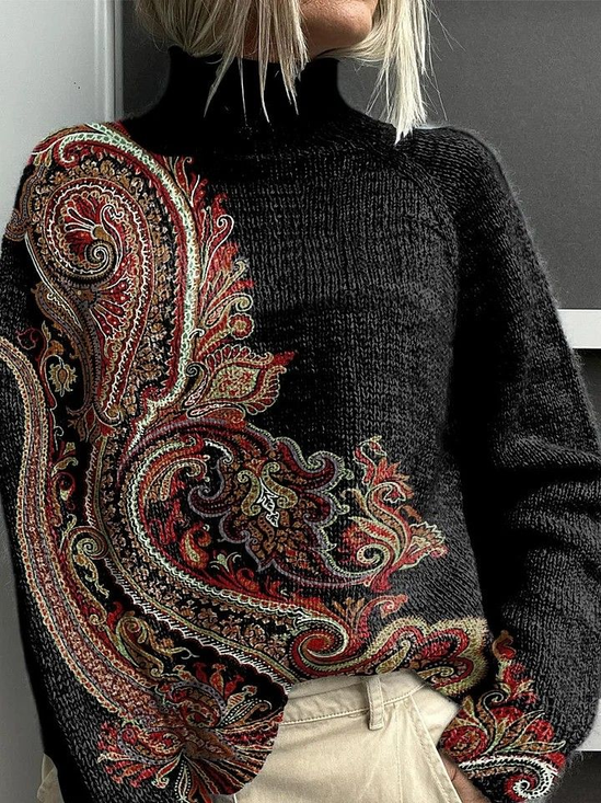 Women Ethnic Printing Spring/Fall Vintage Long Sleeve Turtleneck Sweater