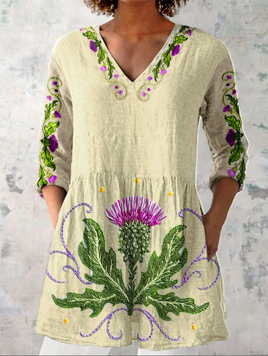 Women Floral Long Sleeve Shirt Spring/Fall Printing V Neck Daily Casual Top
