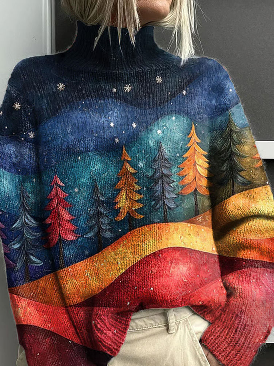 Women Christmas Printing Spring/Fall Vintage Long Sleeve Turtleneck Sweater