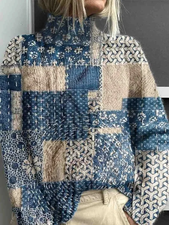 Women Abstract Printing Spring/Fall Vintage Long Sleeve Turtleneck Sweater