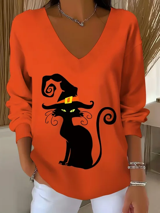 Women Cat Long Sleeve Tee T-shirt V Neck Printing Casual Spring/Fall Top