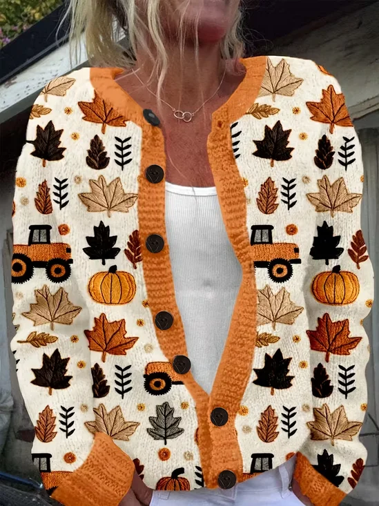 Women Maple Leaf Printing Long Sleeve Crew Neck Vintage Spring/Fall Cardigan Outerwear