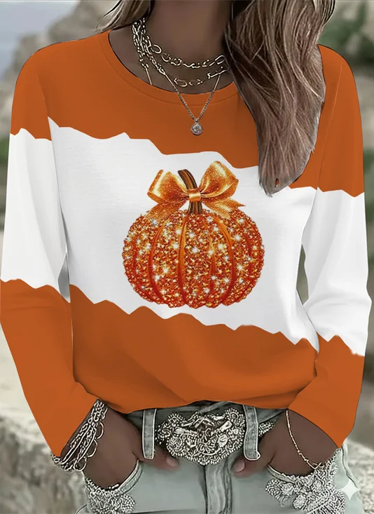 Women Halloween (pumpkin) Long Sleeve Tee T-shirt Crew Neck Printing Casual Spring/Fall Graphic Tee Top