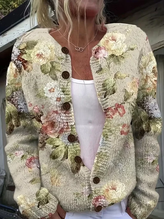 Women Floral Printing Long Sleeve Crew Neck Vintage Spring/Fall Cardigan Outerwear