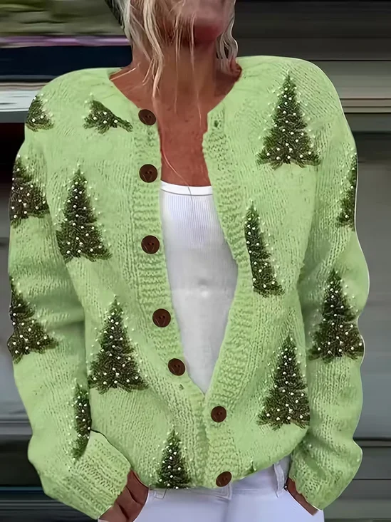 Women Christmas Printing Long Sleeve Crew Neck Vintage Spring/Fall Cardigan Outerwear