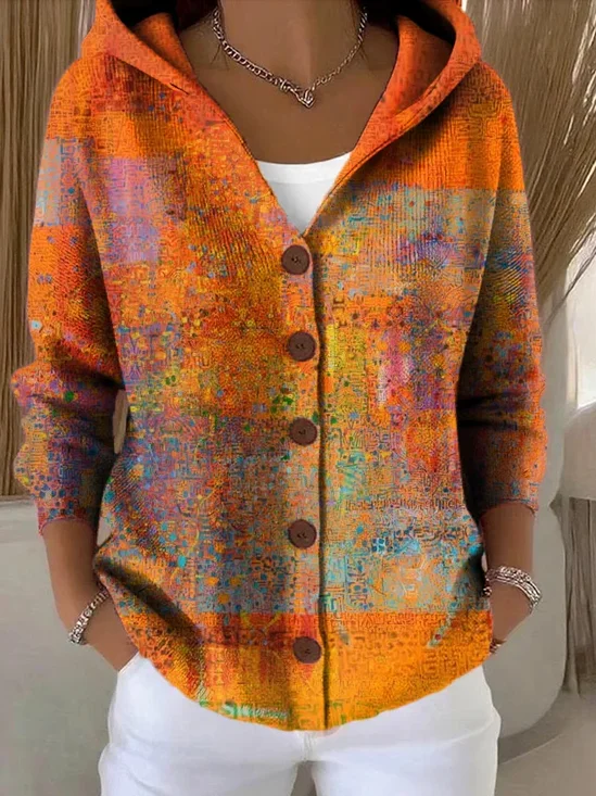 Women Abstract Printing Long Sleeve Hoodie Casual Spring/Fall Cardigan Outerwear