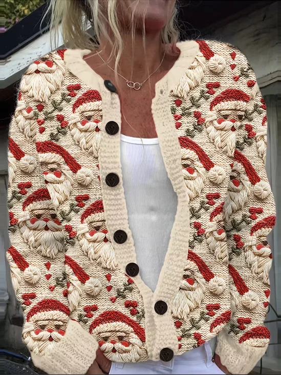 Women Santa Claus Printing Long Sleeve Crew Neck Vintage Spring/Fall Cardigan Outerwear