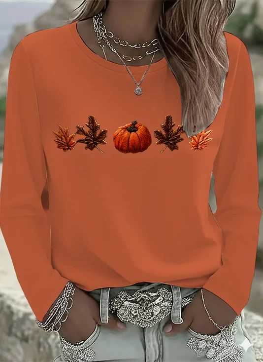 Women Maple Leaf Long Sleeve Tee T-shirt Crew Neck Printing Casual Spring/Fall Graphic Tee Top