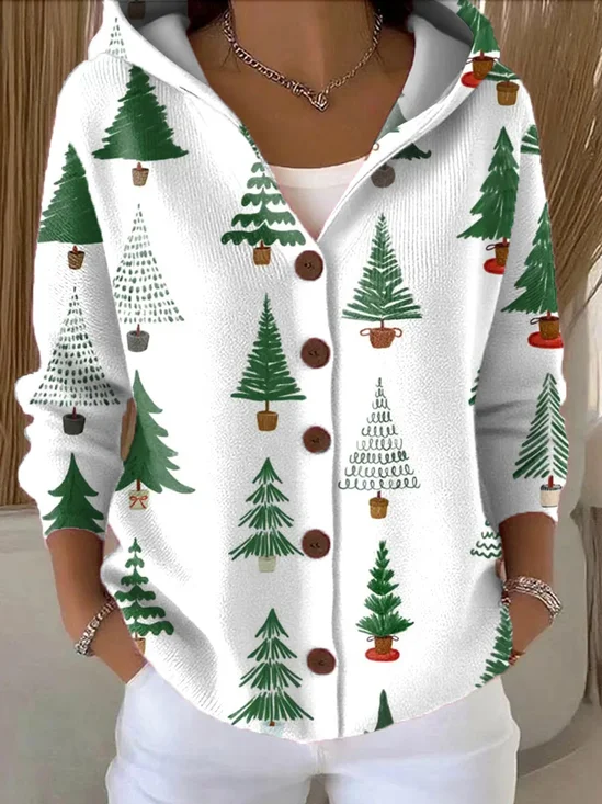 Women Christmas Printing Long Sleeve Hoodie Casual Spring/Fall Cardigan Outerwear