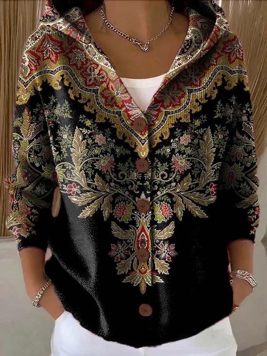 Women Floral Printing Long Sleeve Hoodie Casual Spring/Fall Cardigan Outerwear