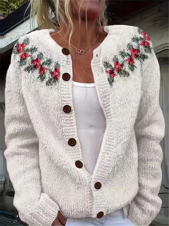 Women Floral Printing Long Sleeve Crew Neck Vintage Spring/Fall Cardigan Outerwear