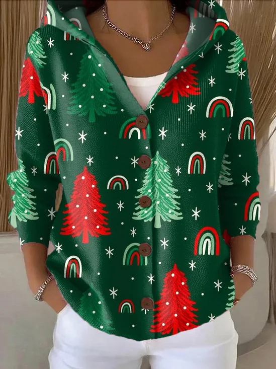 Women Christmas Printing Long Sleeve Hoodie Casual Spring/Fall Cardigan Outerwear