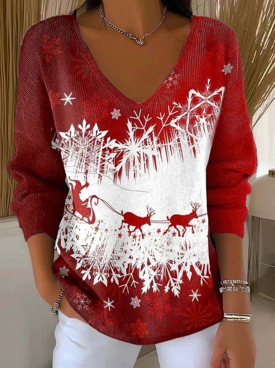 Women Christmas Long Sleeve Tee T-shirt V Neck Printing Casual Spring/Fall Top