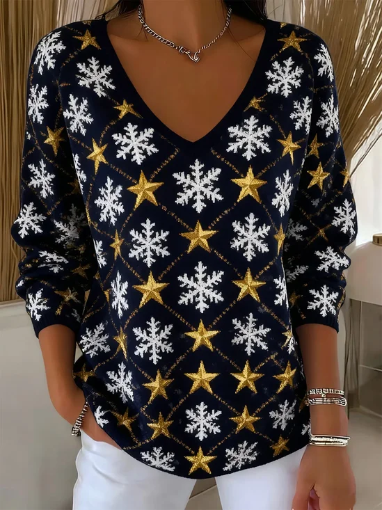 Women Star Long Sleeve Tee T-shirt V Neck Printing Casual Spring/Fall Top