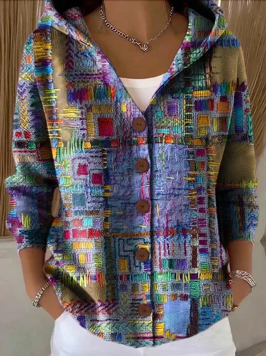 Women Abstract Printing Long Sleeve Hoodie Casual Spring/Fall Cardigan Outerwear
