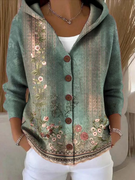 Women Floral Printing Long Sleeve Hoodie Casual Spring/Fall Cardigan Outerwear