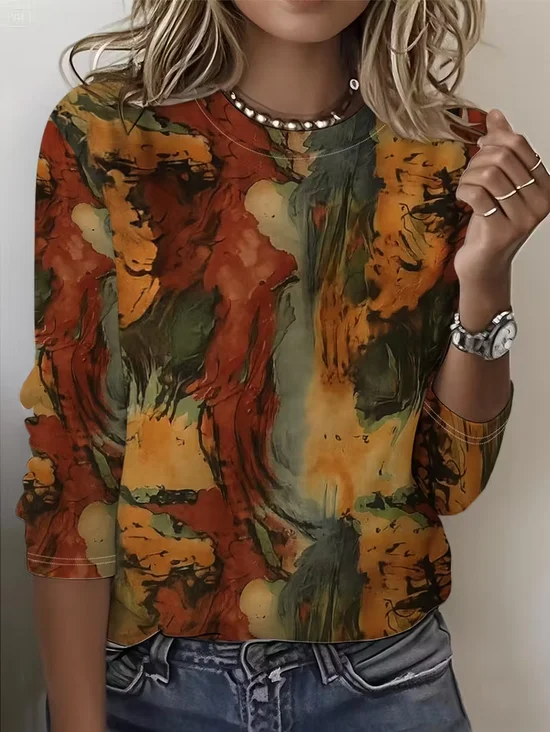 Women Abstract Long Sleeve Tee T-shirt Crew Neck Printing Casual Spring/Fall Graphic Tee Top