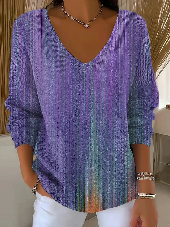 Women Abstract Long Sleeve Tee T-shirt V Neck Printing Casual Spring/Fall Top