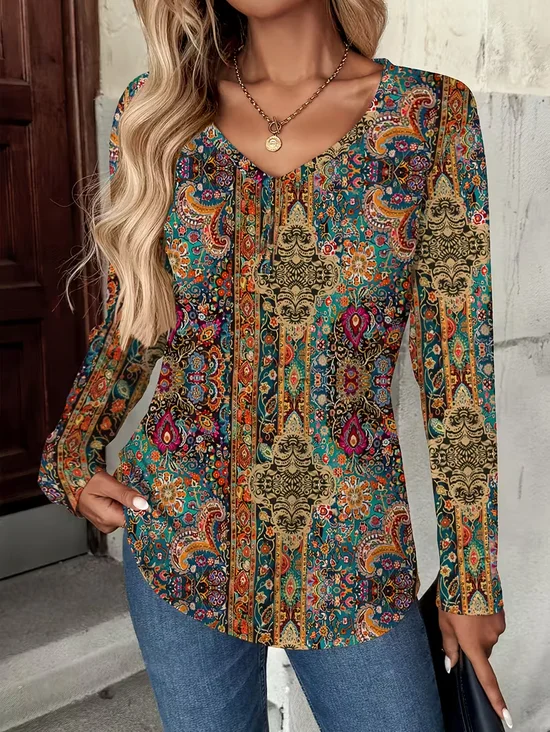 Women Floral Long Sleeve Tee T-shirt V Neck Printing Casual Spring/Fall Graphic Tee Top