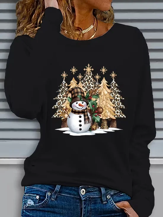 Women Christmas Snowman Long Sleeve Tee T-shirt Crew Neck Printing Casual Spring/Fall Graphic Tee Top