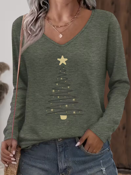 Women Christmas Long Sleeve Tee T-shirt V Neck Printing Casual Spring/Fall Graphic Tee Top