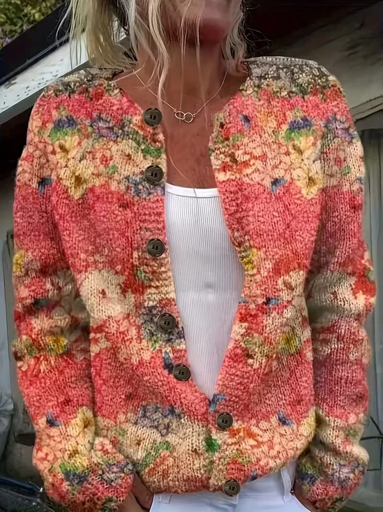 Women Floral Printing Long Sleeve Crew Neck Vintage Spring/Fall Cardigan Outerwear