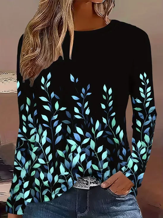 Women Leaf Long Sleeve Tee T-shirt Crew Neck Printing Casual Spring/Fall Graphic Tee Top