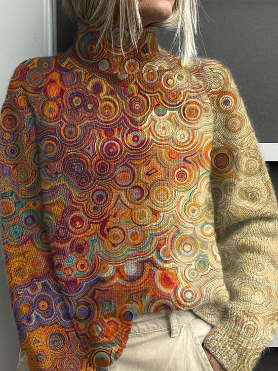 Women Abstract Printing Spring/Fall Vintage Long Sleeve Turtleneck Sweater