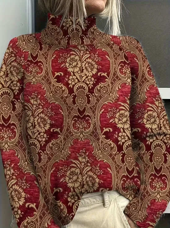 Women Floral Printing Spring/Fall Vintage Long Sleeve Turtleneck Sweater