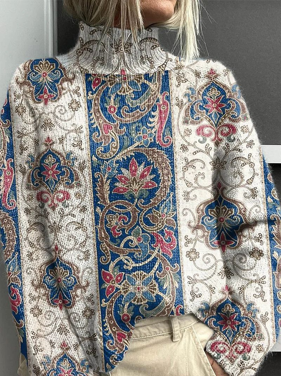 Women Floral Printing Spring/Fall Vintage Long Sleeve Turtleneck Sweater