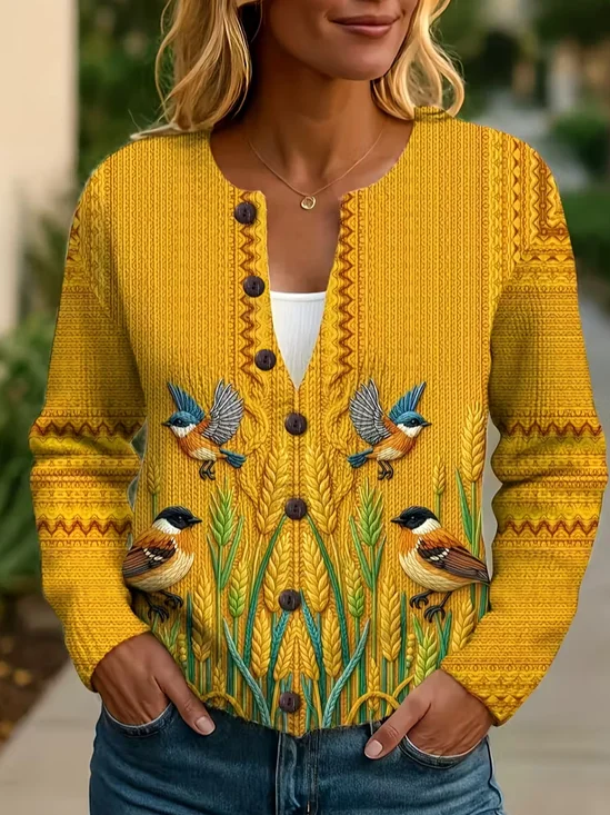 Women Bird Printing Long Sleeve Crew Neck Vintage Spring/Fall Cardigan Outerwear