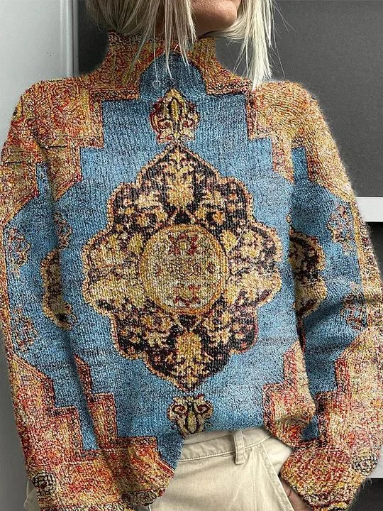 Women Ethnic Printing Spring/Fall Vintage Long Sleeve Turtleneck Sweater