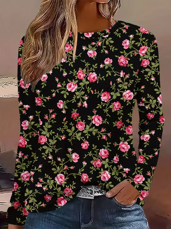 Women Floral Long Sleeve Tee T-shirt Crew Neck Printing Casual Spring/Fall Graphic Tee Top