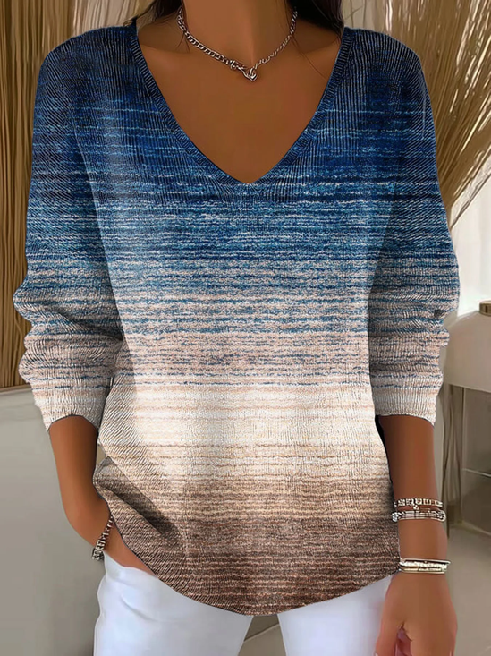 Women Abstract Long Sleeve Tee T-shirt V Neck Printing Casual Spring/Fall Top